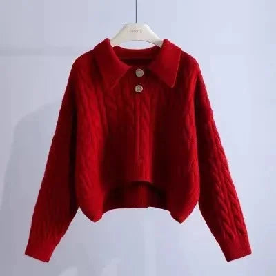 Hnewly  Polo Collar Knit Sweater Women Long Sleeve Button Front Boxy-fit Pullover Cable-knit Jumper Teen-girl Classic Preppy Outfit