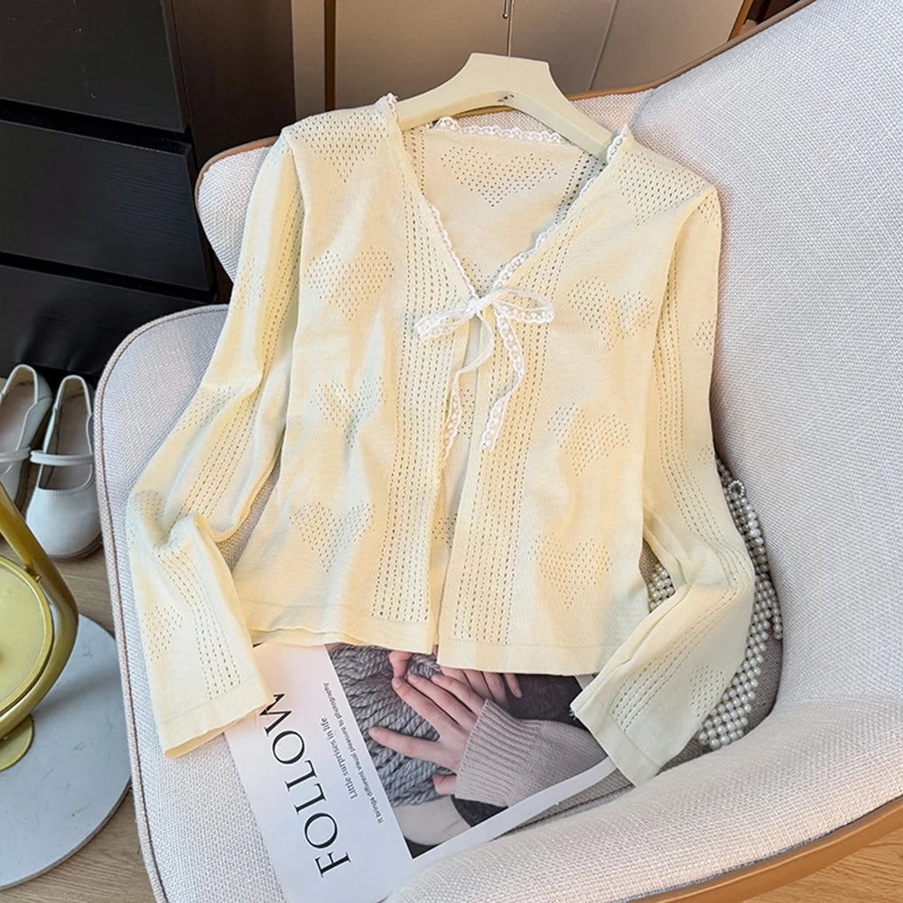 Hnewly  Sweet Lace Trim Heart Hollow Knit Cardigan Women's V-Neck Long Sleeve Early Autumn Bow Tie Loose Fit Female Short Tops