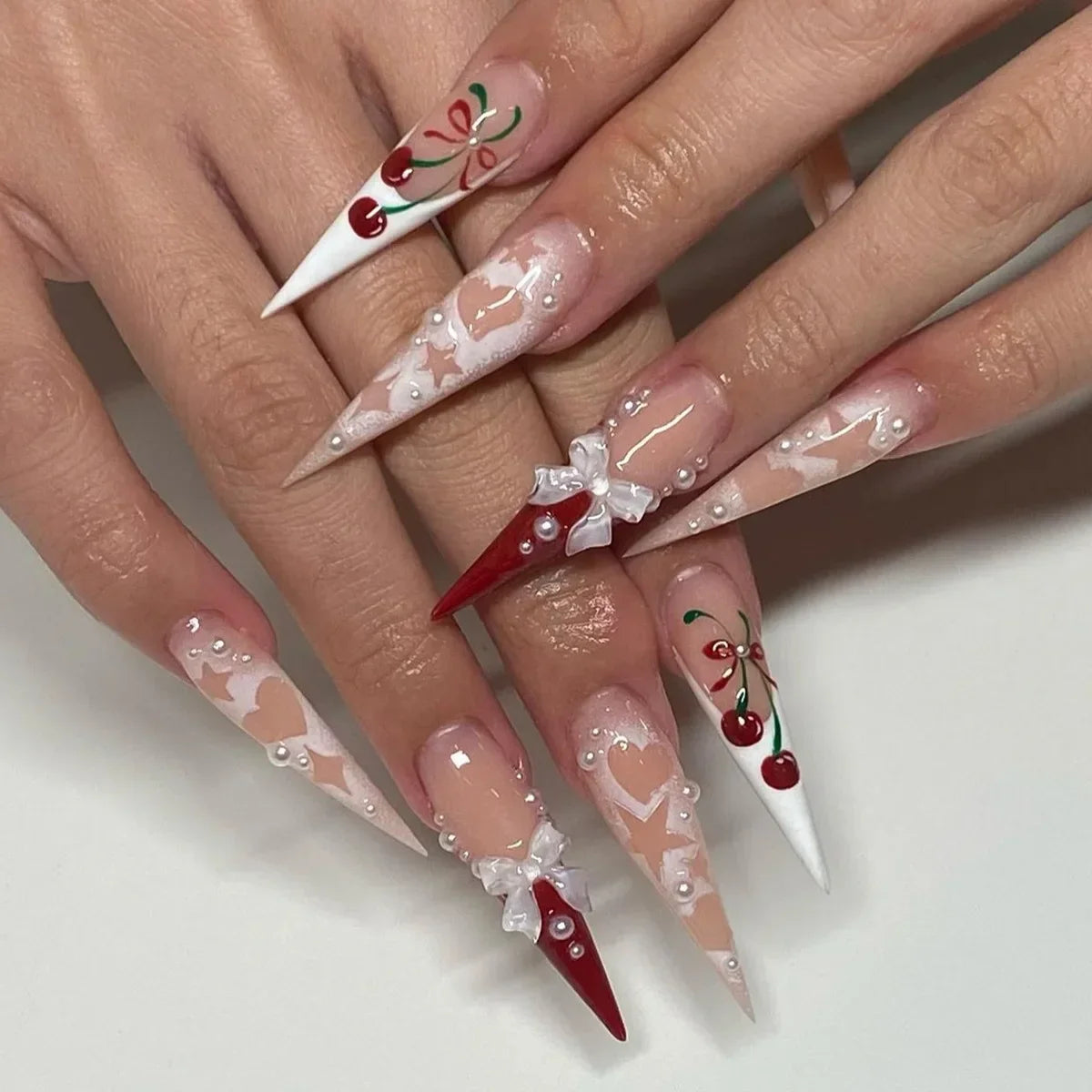 Hnewly 24Pcs Cat Eye Press on Nails with Almond Head Bow Diamond Stick on False Nail Sweet Pink French Full Cover Artificial Nails Tips
