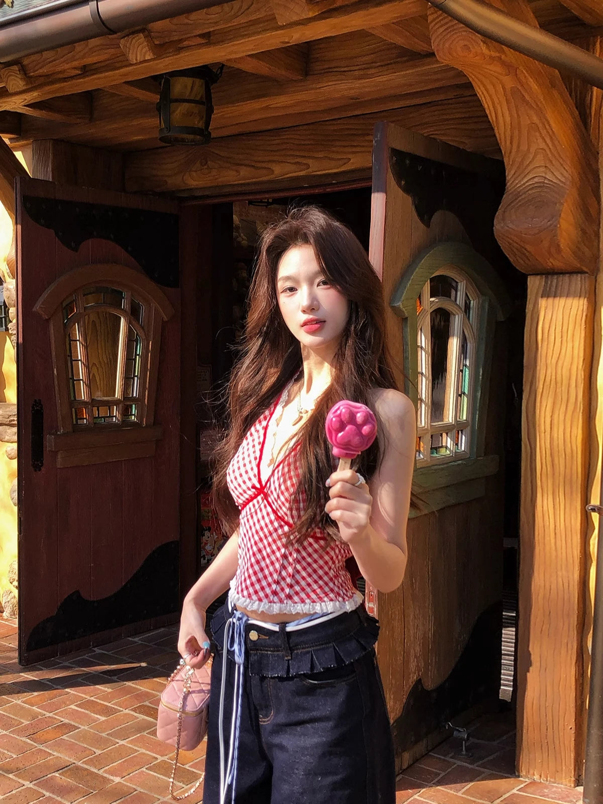 Hnewly Harajuku Red Plaid Tank Top Vest Women Summer Sleeveless V-Neck Sexy Bodycon Tshirts Female Outwear Bodycon T-shirts Chic Korean