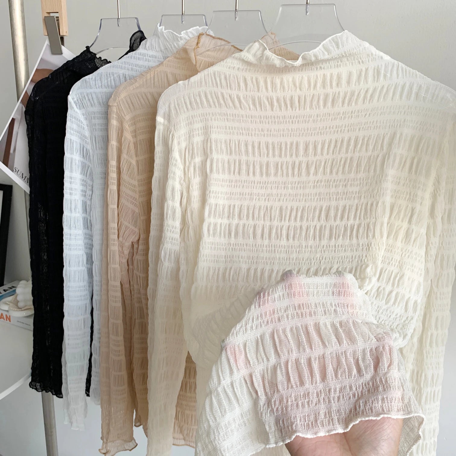 Hnewly Women T-Shirts Vintage Pleat Long SleeveTop Spring Autumn Mesh Fabric Lace Half Turtleneck Korean Fashion All-match Shirt