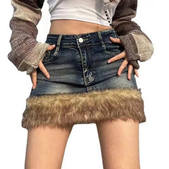 Hnewly  Y2k Vintage Denim Skirt Women Sexy Harajuku Fur Patchwork Mini Skirts Retro Slim Up Streetwear A-line Short Skirts