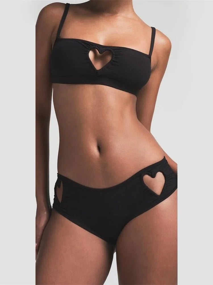 Hnewly  Heart Hollow 2 Piece Set Women Simple Vacation Camisole+Panties Beach Style Matching Stretch Street Comfortable Suit
