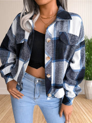 Hnewly  Womens Fashion Crop Button Down Flannel Plaid Shirt Shacket Jacket Top Coat