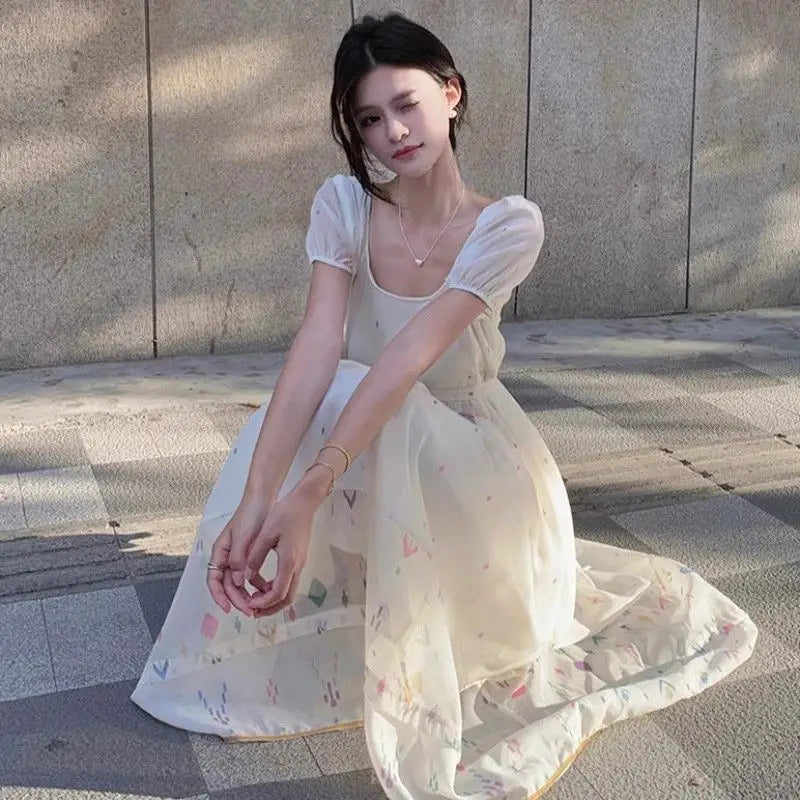 Hnewly  Women Dresses Elegant Square Collar Short Sleeve Summer Fashion Holiday Sweet Casual Female Dress French Style Chic