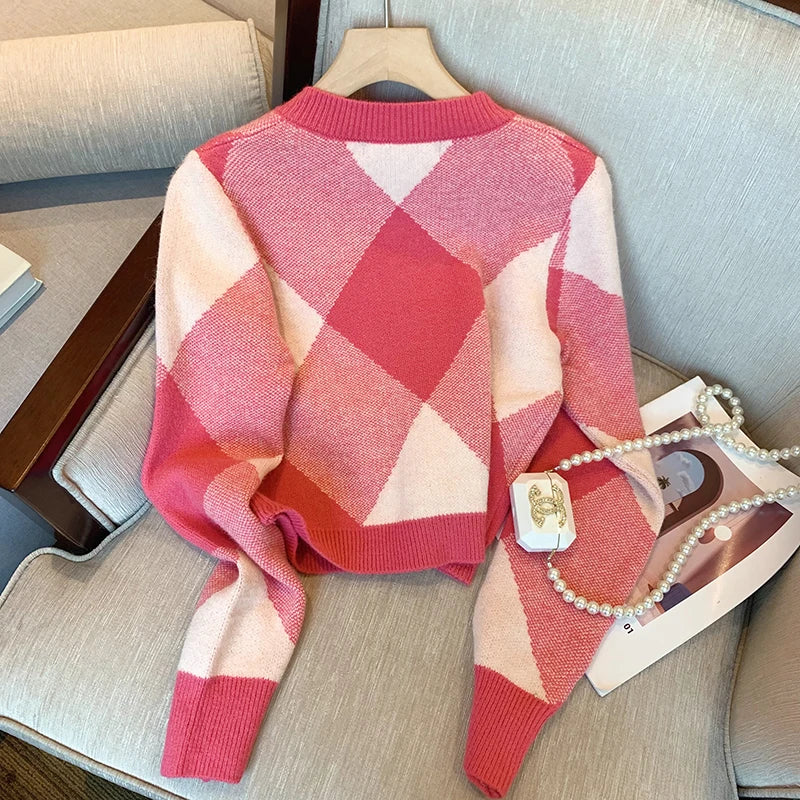Hnewly  Pink Sweater Women's Spring Autumn French Vintage Knitted Cardigan Top Long Sleeve O-Neck Single Breasted Versatile Coat