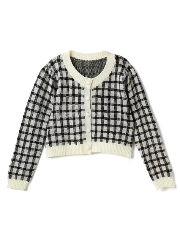 Hnewly  Women Checkerboard Crop Knit Cardigan Sweater Long Sleeve Button-up Box-fit Plaid Knit Top Teenage Girls Outfit