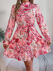 Hnewly  Elegant Mock Neck Belted Ruffle Hem Floral Print Dress For Spring & Fall, Women's Clothing