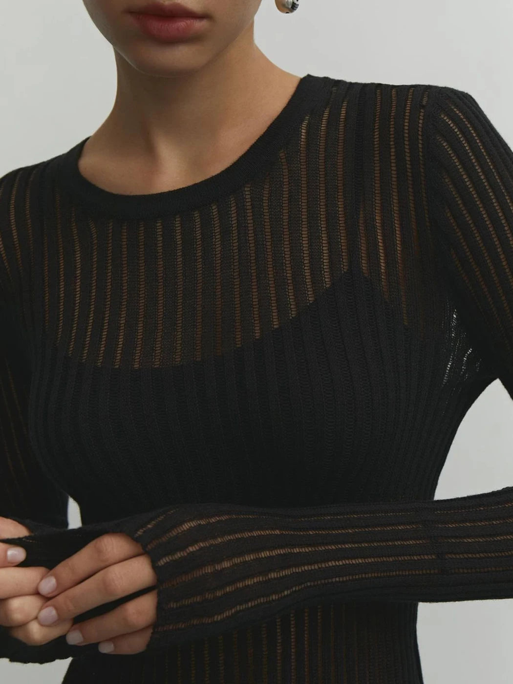 Hnewly   Sexy Thin Knit Sweater Women Solid Color Basic Pullover Top Casual Cozy Long Sleeve T-shirts 2023 Spring Summer New