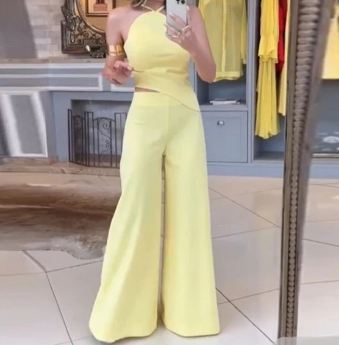 Hnewly  Lazy Style Summer Jumpsuit Women's Fashion Sexy Hollow Out Backless Sleeveless Solid Color Mid Waist Long Wide Leg Jumpsuit