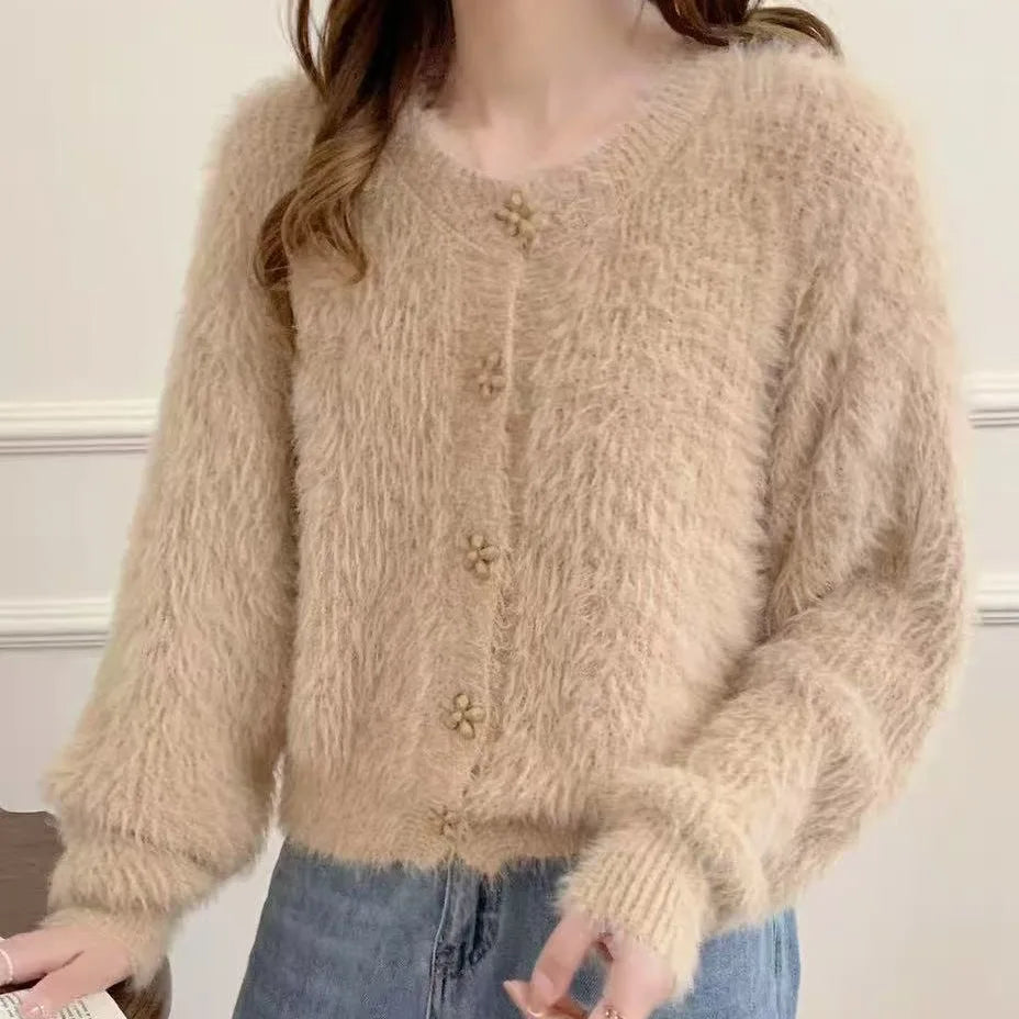 Hnewly  Flower Button Fuzzy Knit Sweater Cardigan Warm Fluffy Button-up Crop Sweater Jacket Knitwear Teen-girl Fall Winter Cute Outfit