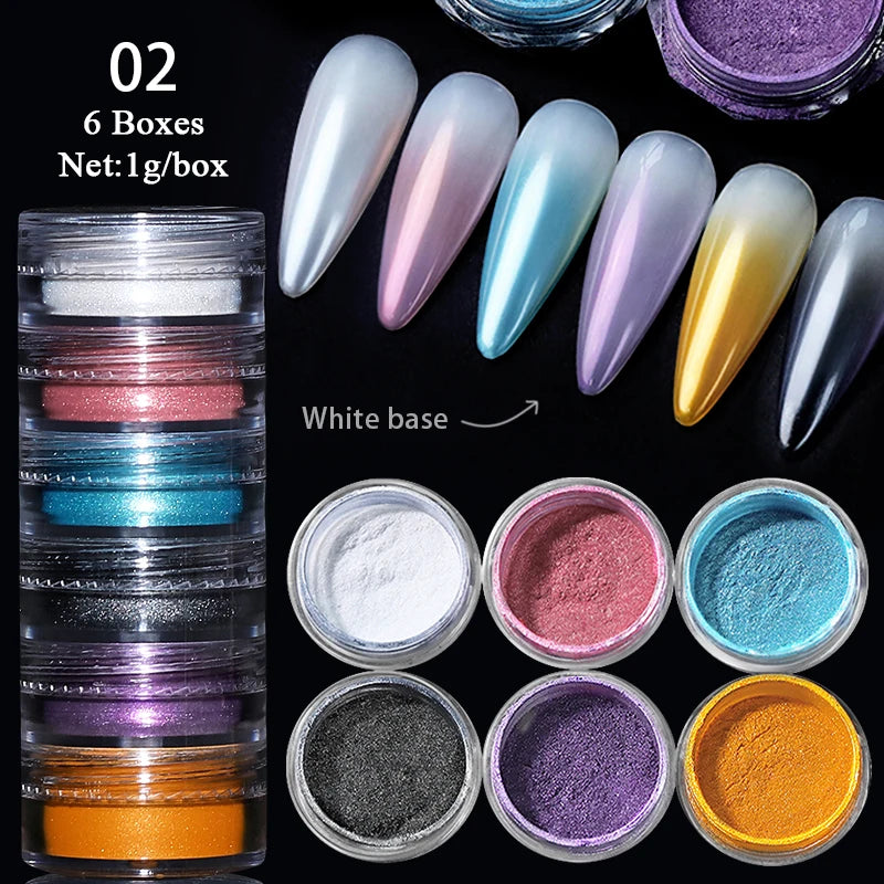 Hnewly 6Box/set Glitter Mirror Dust Nail Powder Chameleon Aurora Metallic Effect Pigments Laser For UV Gel Nail DIY Manicure Decoration