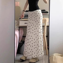 Hnewly  Bow Print Lace Patchwork Mermaid Skirt Women Elegant Summer Elastic Waist Midi Skirts Lady Vacation Beige Long Skirt Female