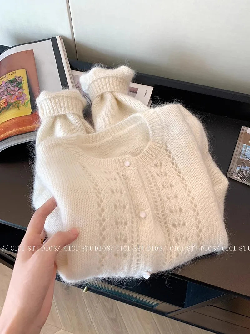 Hnewly  Elegant Hollow Out O-neck Sweater Soft Short Knitted Cardigan Women's Spring Autumn 2025 New Korean Long Sleeved Jacket