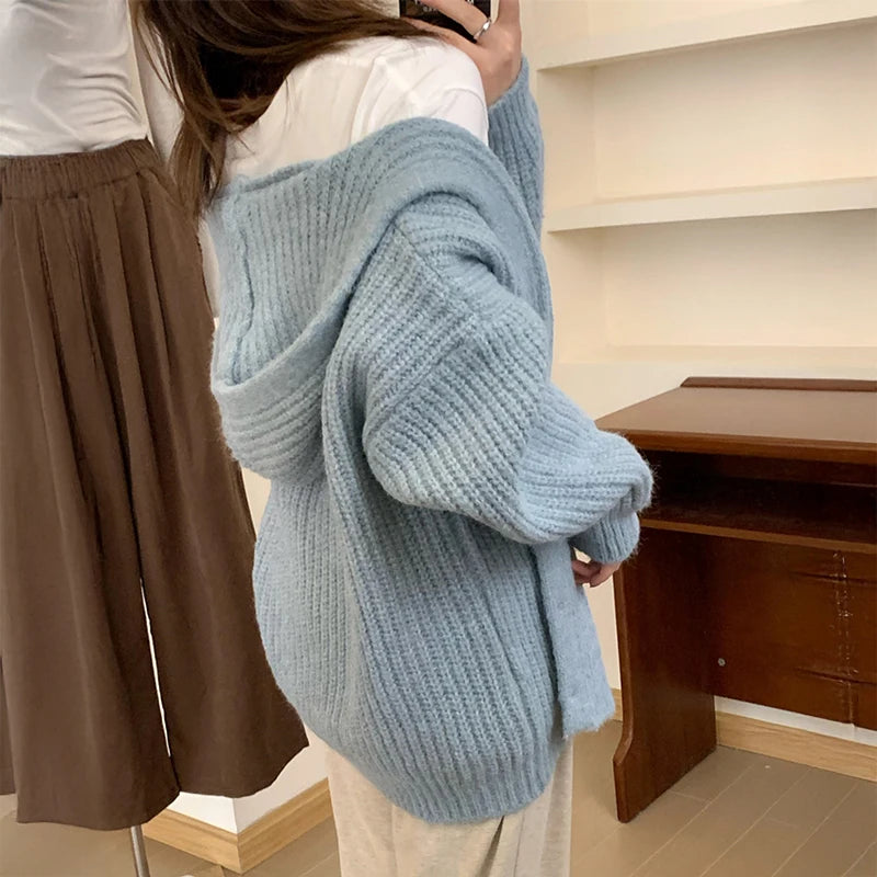 Hnewly  Hooded Cardigan Sweater for Women Morandi Pink Blue Button-Up Knitted Hoodie Jacket Autumn Winter Teen-girl Slouchy Knitwear