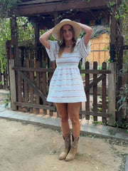 Hnewly  Women Chic Square Neckline Stripe Jacquard Puff Sleeve Dress Elegant Waist-cinching A-line Slim Fit Dresses New Party Wears