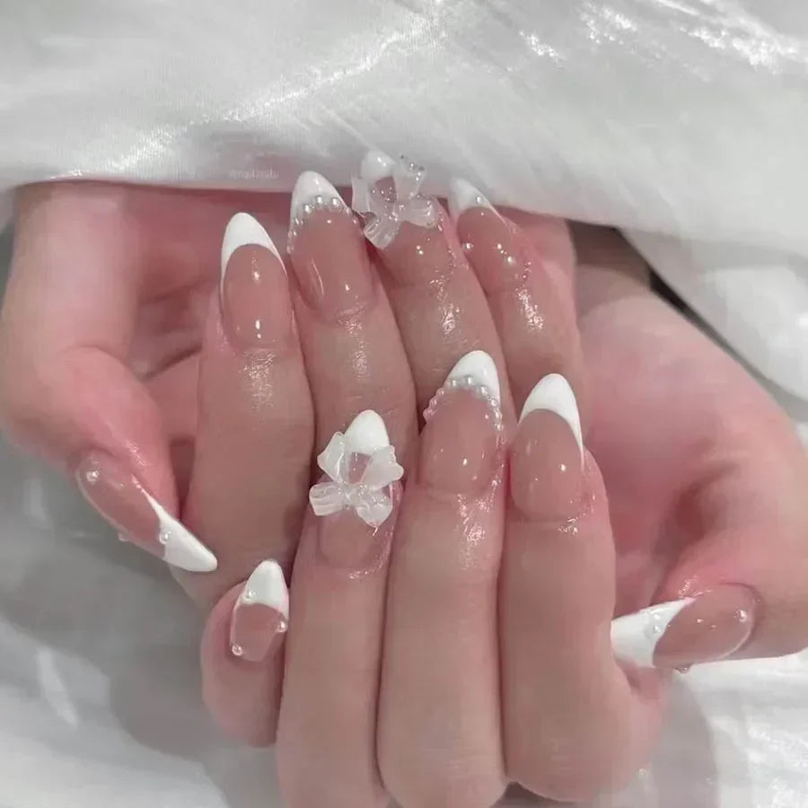 Hnewly 24Pcs Almond False Nails Cute Strawberries with French Design Simple White Wearable Fake Nails Decoration Press on Nail Tips Art