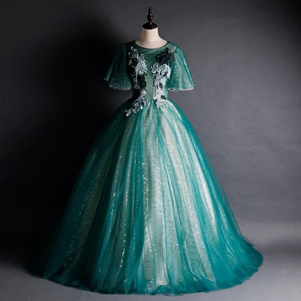 Lunivop  Green O-Neck Short Sleeves Evening Dresses For Women Elegant Party Gown Tulle Lace Up Appliques Prom Dress Beading Sequins