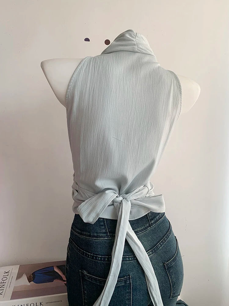 Hnewly Sexy Bandage Slim Tanks Women Fashion Casual V Neck Design Halter Tanks Korean Retro Streetwear Female Summer Elegant Tops
