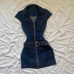 Hnewly  Summer New Denim Women's Dresses Belt Tunic Dress Zipper Ropa Mujer Gothic Vestidos Korean Fashion Casual Roupas Feminina