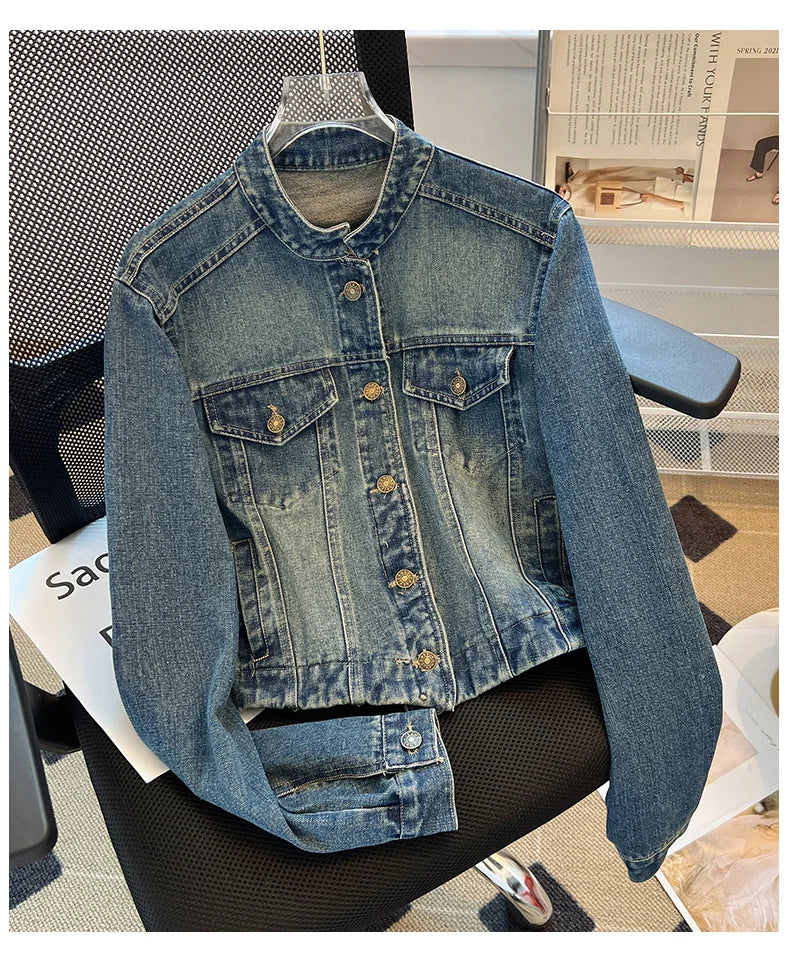 Hnewly  Fashion Denim Jacket Loose Casual Retro Jeans Short Coat Women's Spring Autumn Elegant Korean Standing Collar Long Sleeve Top