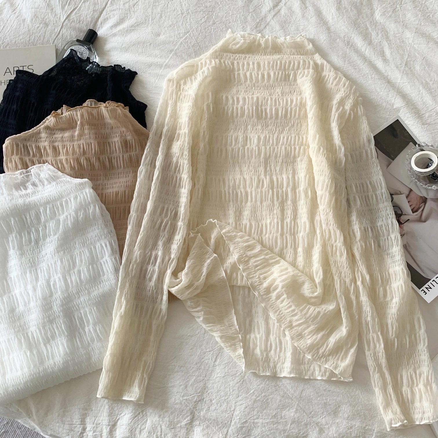 Hnewly Women T-Shirts Vintage Pleat Long SleeveTop Spring Autumn Mesh Fabric Lace Half Turtleneck Korean Fashion All-match Shirt