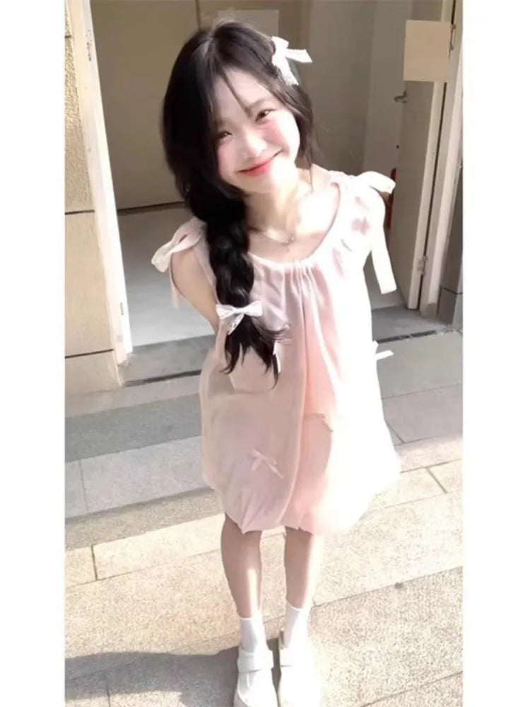 Hnewly  Mini Dresses Women Sleeveless Bow Bandage Sweet Elegant Bud Mini Dress Summer Fashion Princess Female Casual Party