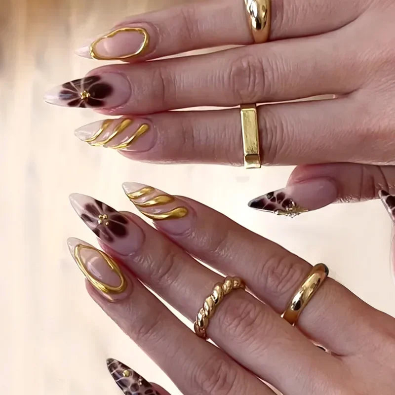 Hnewly 24Pcs French Gold Edge Wearable Almond Press on Fake Nails Simple Pearl Decoration False Nails with Glue Full Over Manicure Tips