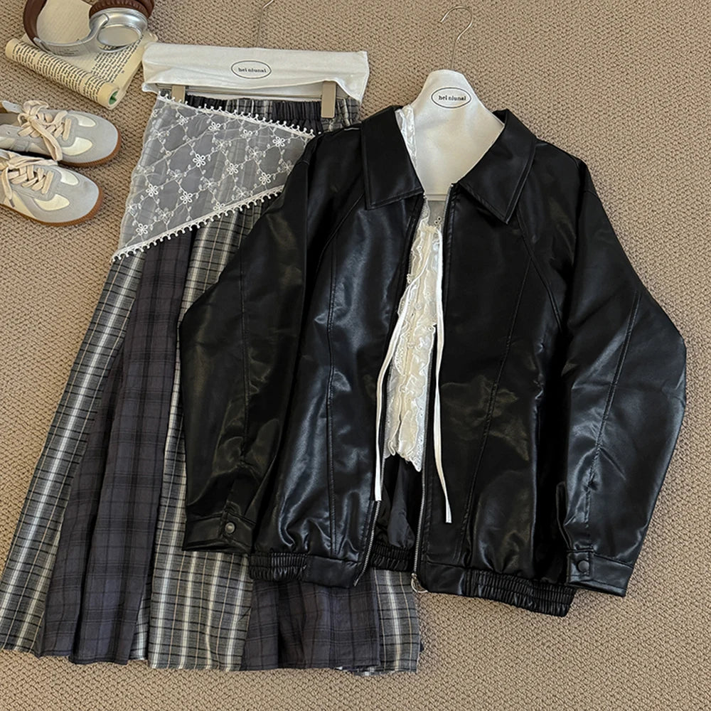 Hnewly  Retro Chic pu Leather Jacket Women's 2025 Spring Autumn Fashion Lapel Versatile Windproof Sweet&Cool BF Style Female Outerwear