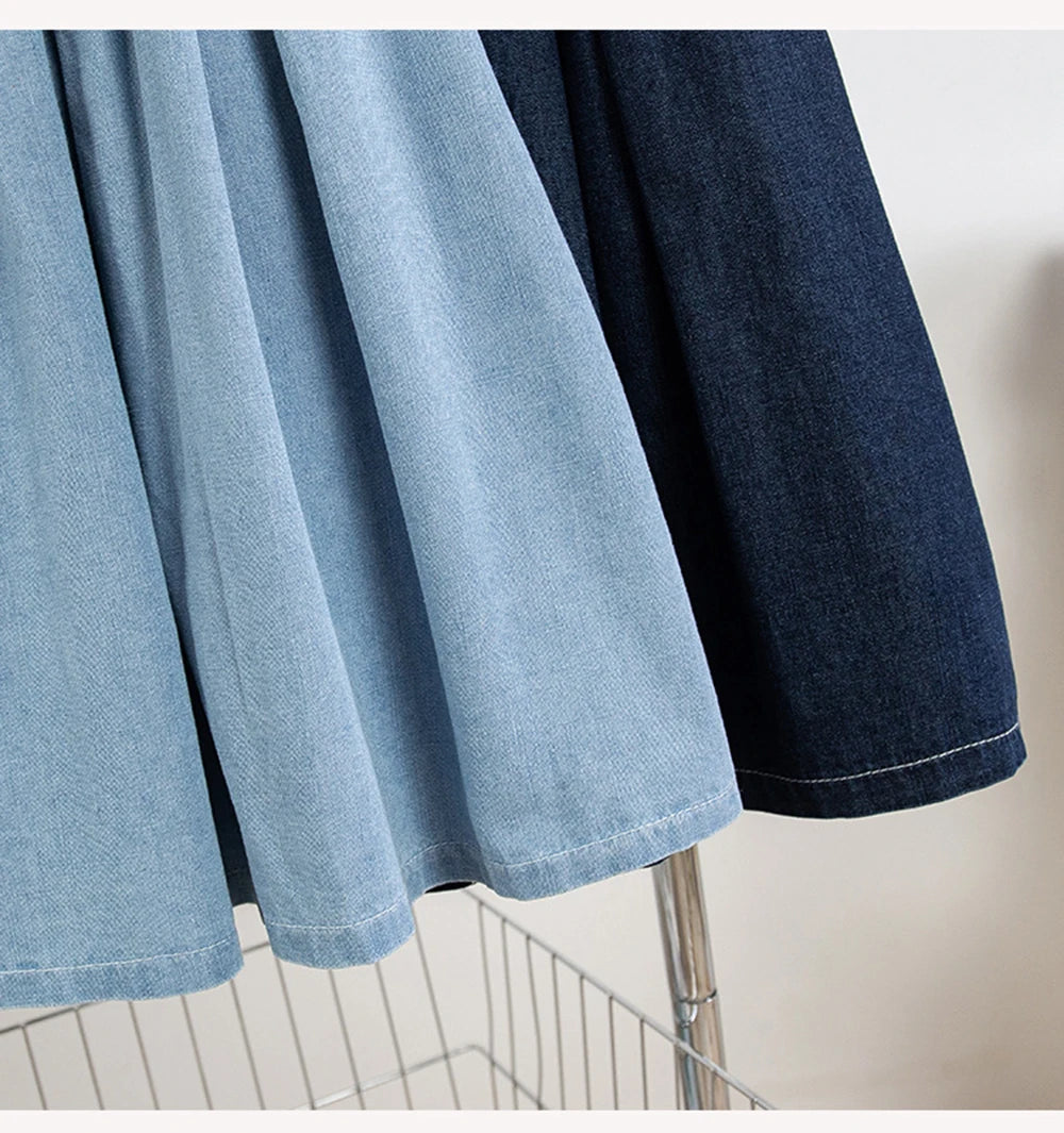 Hnewly M-5XL Oversize Denim Skirt Women's New Elastic High Waisted A-line Loose Fit Retro Knee-length Skirt with Built-in Safety Shorts