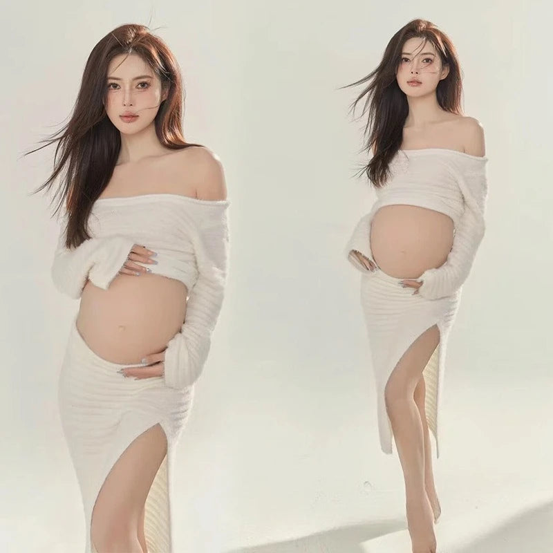 Hnewly  Women Photography Props Maternity Dresses White Elegant Knitted Pregnancy Dress for Studio Shoot Photo Shoot Photo Clothing