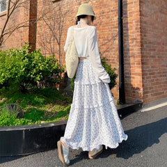 Hnewly  Korean Style Printed Long Skirts for Women Sweet High Waist A Line Skirts Woman Fashion Patchwork Ruffles Maxi Skirt Ladies