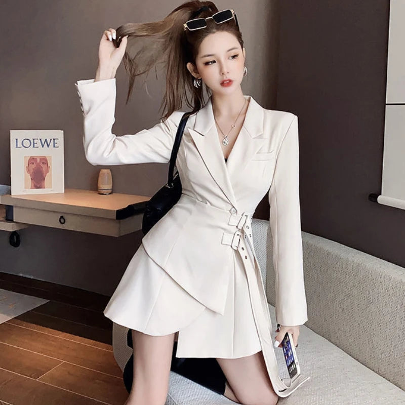 Hnewly Korean Edition Black Mini Party Suit Dress Women's One Piece Office Elegant Dress Fashion Belt Design Long Sleeve Dress
