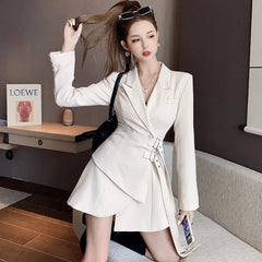 Hnewly Korean Edition Black Mini Party Suit Dress Women's One Piece Office Elegant Dress Fashion Belt Design Long Sleeve Dress