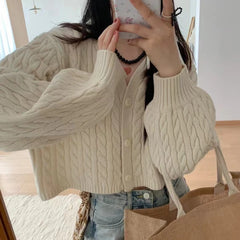 Hnewly  Cable Knit Cardigan for Women Long Sleeve Button-up Box-fit Crop Sweater Jacket Autumn Winter Teen-girl Y2K 90s Outfit