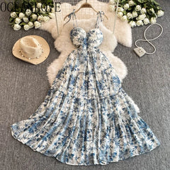Hnewly  Vestidos Para Mujer Print Floral Hollow Out Spring Summer Woman Dresses Korean Fashion Sexy Beach Style Long Dress