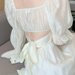 Hnewly  Solid Backless Dresses Women Elegant Sweet Square Collar Puff Sleeve Bow High Defined Waist A-ine Spring Summer Female Chic Lady