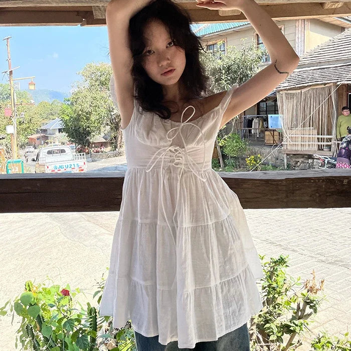 Hnewly summer inspo Japanese Cute Bandage Ruffles Dress Women Y2k Aesthetic Sweet Fairy Dresses Summer Sleeveless Elegant Grunge Vestido De Mujer