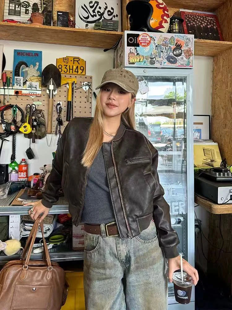 Hnewly Y2K American Pu Leather Women Jacket Y2K Brown Vintage Long Sleeve Stand Collar Crop Coats Hip Hop Streetwear Zipper Outerwear