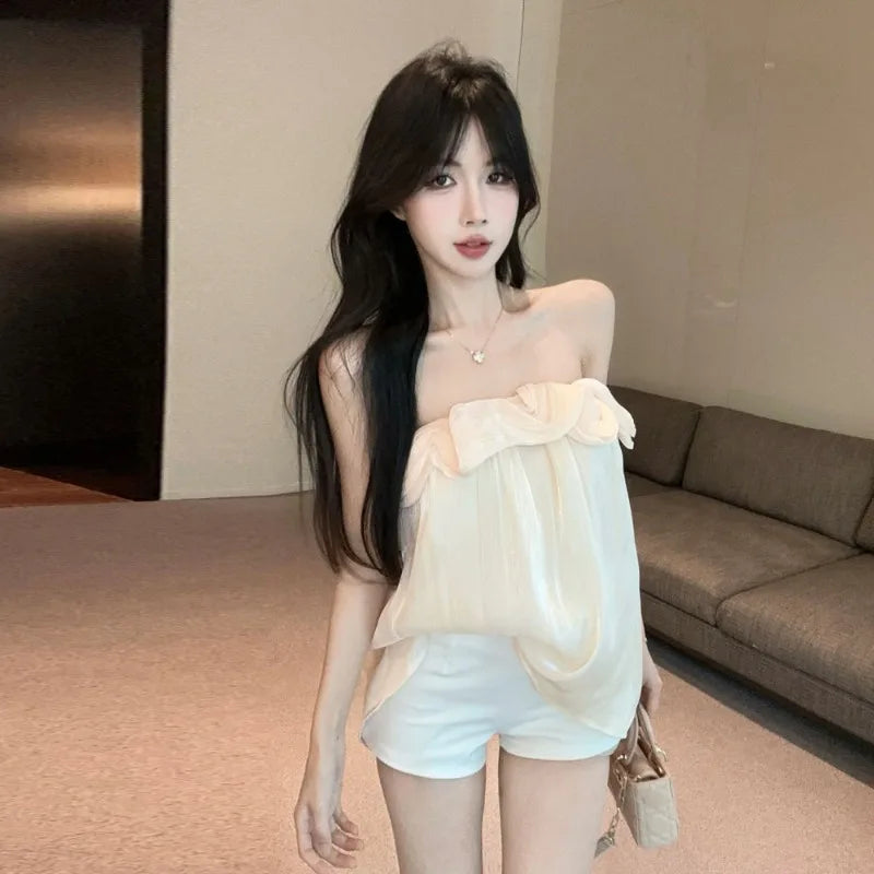 Hnewly  Tank Tops Women Ruffles Ruched Slash Neck Solid Slim Backless Sweet Elegant Camis Sexy Ladies Casual French Style Chic