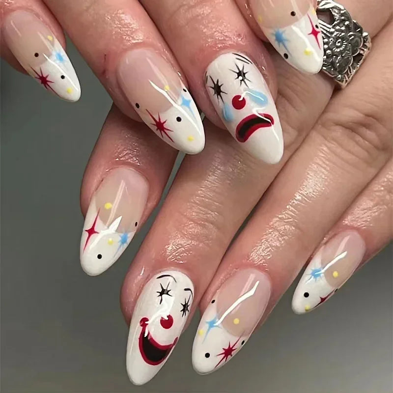 Hnewly 24Pcs Almond False Nails Cute Strawberries with French Design Simple White Wearable Fake Nails Decoration Press on Nail Tips Art