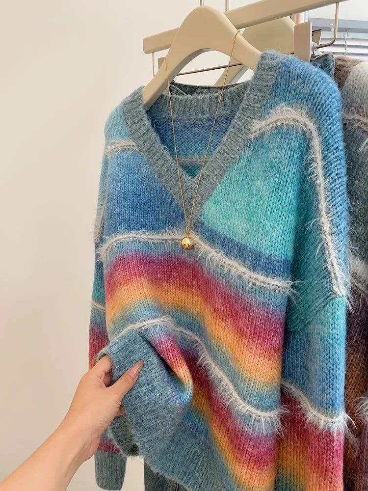 Hnewly  Rainbow Striped V-neck Sweater Women Spring  Autumn New Loose Long Sleeved Knitted Top Korean Version Soft Versatile Pullover