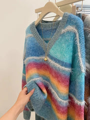 Hnewly  Rainbow Striped V-neck Sweater Women Spring  Autumn New Loose Long Sleeved Knitted Top Korean Version Soft Versatile Pullover