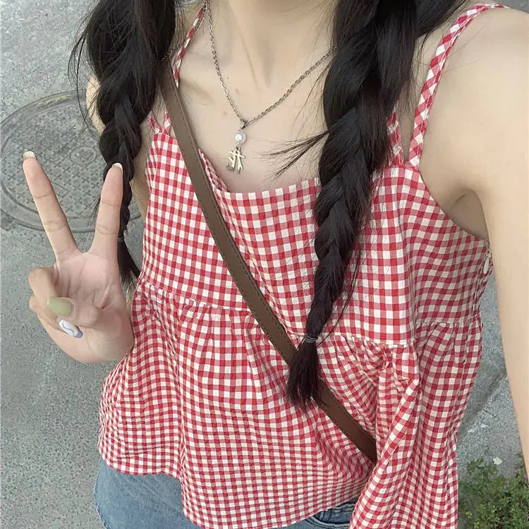 Hnewly Red Plaid Camisole Women Backless Hotsweet Bandage All-match Loose College Personality Chic Summer Korean Style Fashion Ulzzang