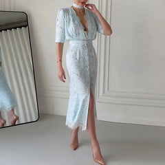 Lunivop  Chic Lace Trimmed Printed Dress Women Elegant Deep V-neck Waist Cinching Split Short Sleeve Maxi Dress Lady Party Vestidos