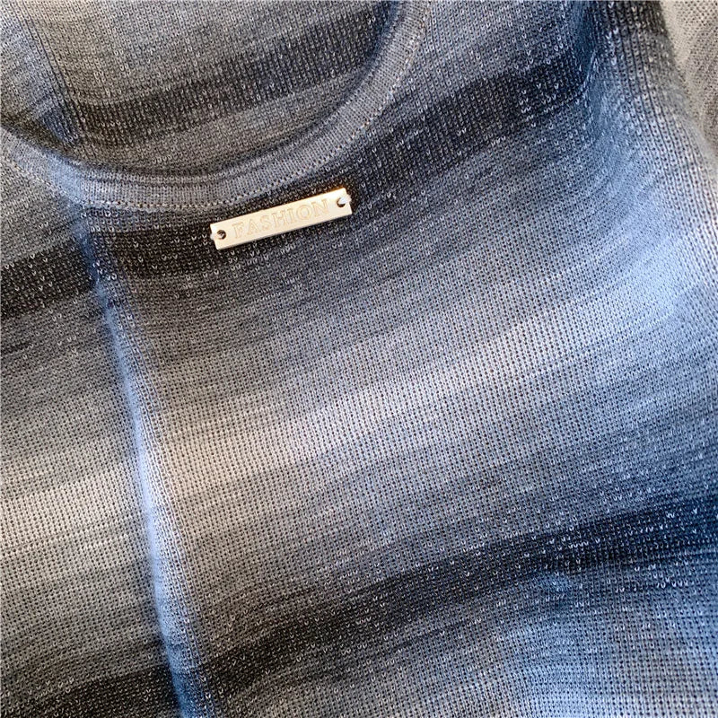 Hnewly  Contrast Striped T-shirt For Women's Summer Knitted Short Sleeved Tee  Cool Girls Fashion High Street Square Collar Short Top
