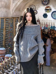 Hnewly   Sexy Vintage Grey Sweaters Women Off Shoulder Korean Style Jumper Elegant Slash Neck Harajuku Long Sleeve Pullovers