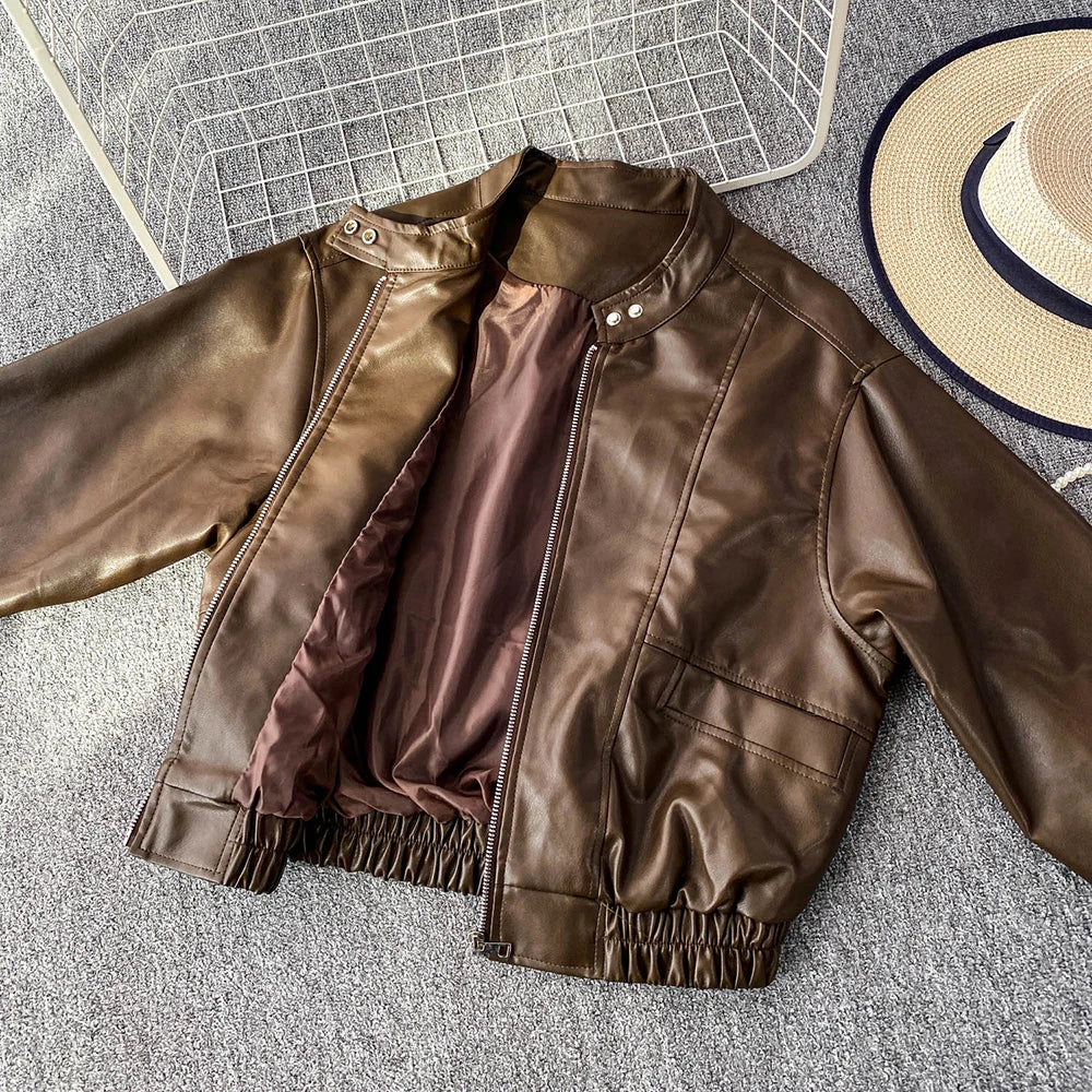 Hnewly  Retro Chic pu Leather Jacket Women's 2025 Spring Autumn Fashion Lapel Versatile Windproof Sweet&Cool BF Style Female Outerwear