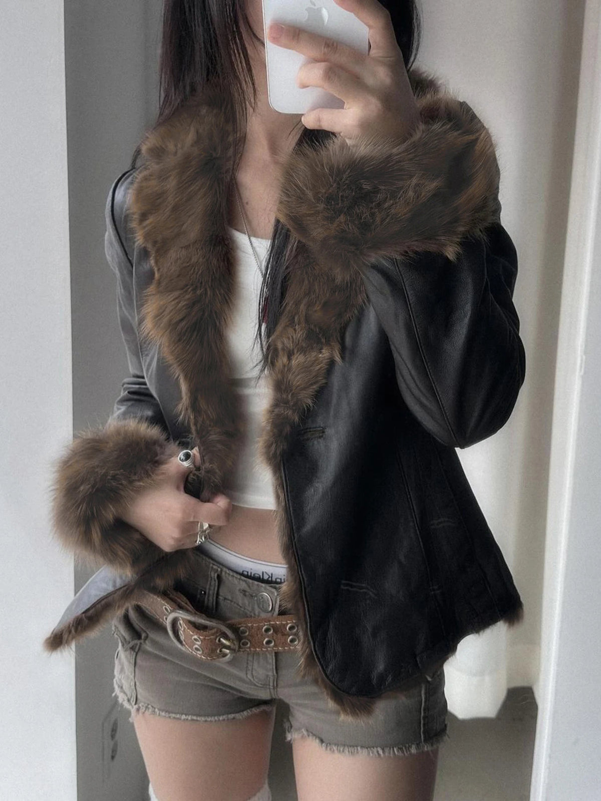 Hnewly winter club outfits Autumn New Clothes Women’s Leather Coat Long Sleeve Spliced Faux Trim Button Slim Fit Chic Coat