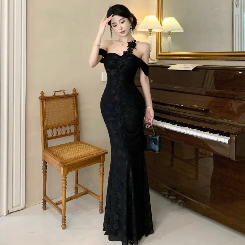 Hnewly  Woman Dress Slash Neck Sexy Flowers Off Shoulder Backless Vintage Elegant Temperament Party Mermaid Dress Female Cocktail